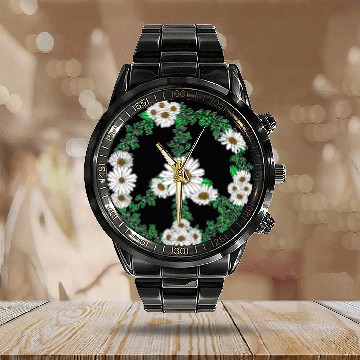 Discover Daisy Peace Sign Wildflower Gardener Hippie Calendar Steel Band Watch