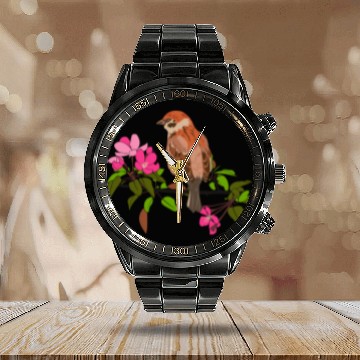 Discover Sparrow on a branch pink flowers of an apple tree Calendar Steel Band Watch