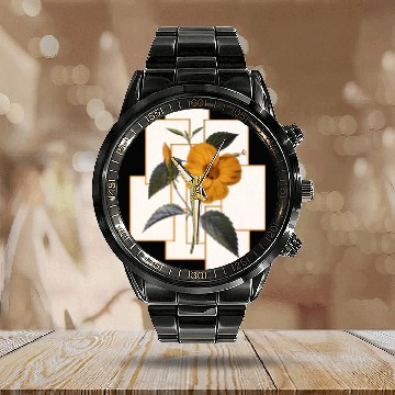 Discover Yellow Hibiscus Flower With Golden Rectangle Calendar Steel Band Watch