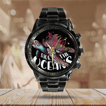 Discover Save The Ocean Sea Turtle Reefs Cartoon Calendar Steel Band Watch
