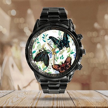Discover Two Butterflies and A Moth Calendar Steel Band Watch