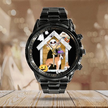 Discover Halloween Boxer Dog Witch Calendar Steel Band Watch