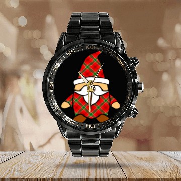 Discover Cute Cartoon Gnome Red Green Plaid Pattern Calendar Steel Band Watch