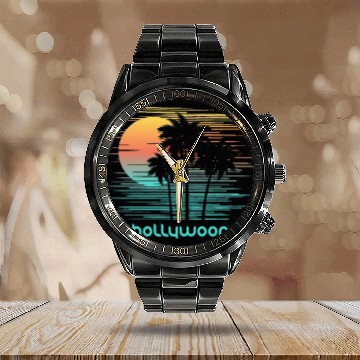Discover Hollywood California Stylish Souvenir Vacation Calendar Steel Band Watch