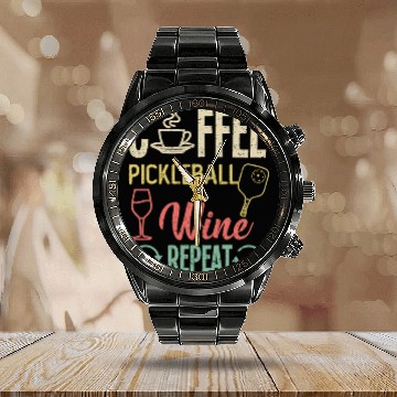 Discover Coffee Pickleball Wine Repeat Calendar Steel Band Watch
