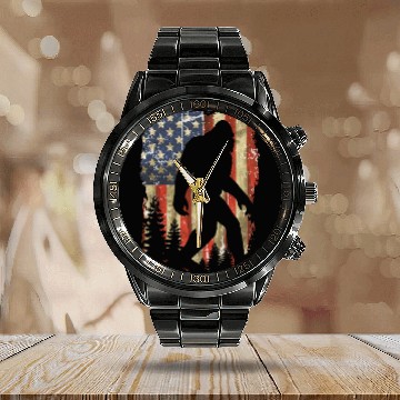 Discover Bigfoot Believe Sasquatch American Flag Silhouette Calendar Steel Band Watch