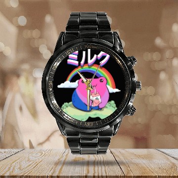 Discover Kawaii Frog Strawberry Milk Bisexual Pride Flag Calendar Steel Band Watch