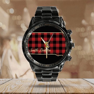 Discover South Dakota Buffalo Plaid Silhouette Home State Calendar Steel Band Watch