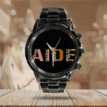Discover School Aide Leopard Print Funny Calendar Steel Band Watch
