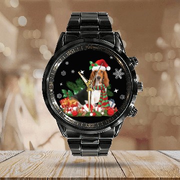 Discover Christmas Basset Hound wearing a Santa Claus Hat Calendar Steel Band Watch