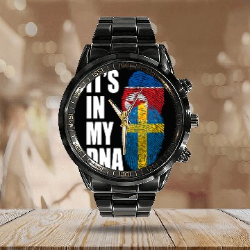 Discover North Korean And Swedish Mix Heritage DNA Flag Calendar Steel Band Watch