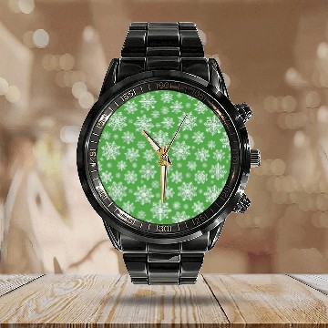 Discover Modern Snowflakes Pattern White Green Calendar Steel Band Watch