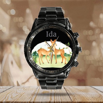 Discover Forest Animal Deer Flowers Name Ida Calendar Steel Band Watch
