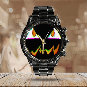 Discover Jack O Lantern Face Glitch Calendar Steel Band Watch
