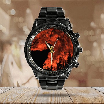 Discover Cat Red Moon trick or treat Bats Forest Halloween Calendar Steel Band Watch