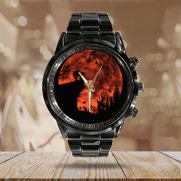 Discover Cat Red Moon trick or treat Bats Forest Funny Calendar Steel Band Watch