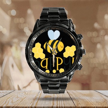 Discover Bee Happy Honey bees Calendar Steel Band Watch