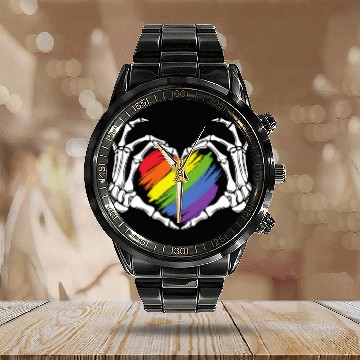 Discover LGBT Gay Pride Zombie Skeleton Hand Heart Hallowee Calendar Steel Band Watch
