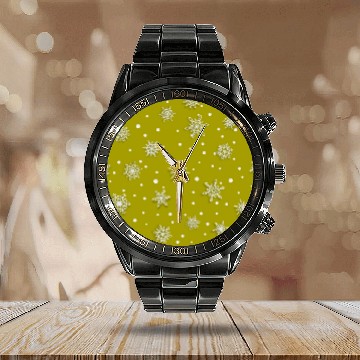 Discover Yellow Snowflakes Pattern Calendar Steel Band Watch