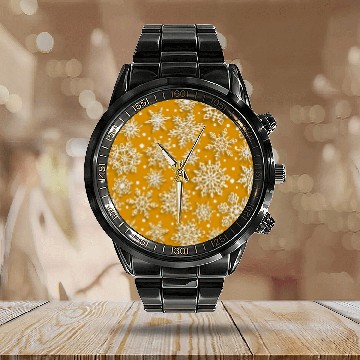 Discover Elegant Orange Snowflakes Pattern Calendar Steel Band Watch