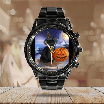 Discover Halloween Cat Calendar Steel Band Watch