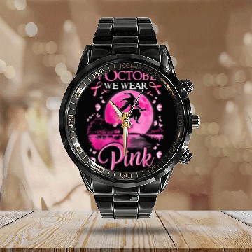 Discover In October We Wear Pink Ribbon Witch Halloween Calendar Steel Band Watch