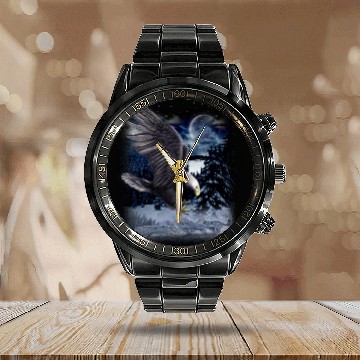 Discover Mountain Wolf Native American Eagle Calendar Steel Band Watch
