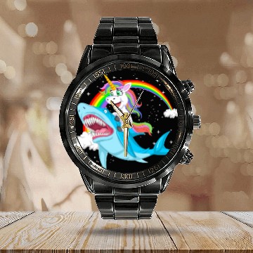 Discover Unicorn riding shark Design Calendar Steel Band Watch