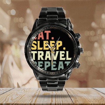 Discover Eat Sleep Travel Repeat Calendar Steel Band Watch