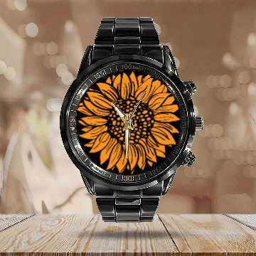 Discover Orange Sunflower Calendar Steel Band Watch
