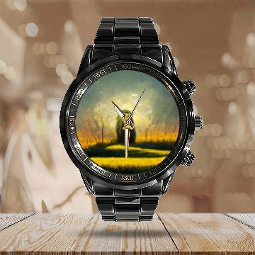 Discover Lion meditate on sunrise, painting Calendar Steel Band Watch