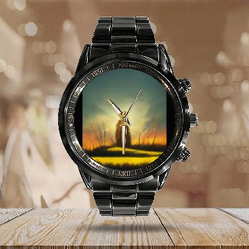 Discover Lion meditate on sunrise, painting Calendar Steel Band Watch