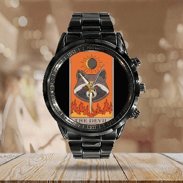 Discover Raccoon Devil Tarot Card Reader Calendar Steel Band Watch