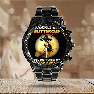 Discover Black Cat Witch Buckle Up Buttercup Funny Haloween Calendar Steel Band Watch