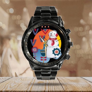 Discover Winter Cute Snowman Headphones Scandi Calendar Steel Band Watch