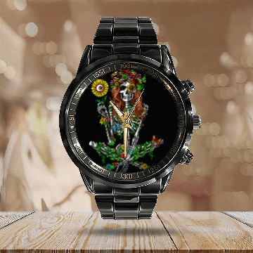 Discover Skeleton Hippie Psychedelic Sunflower Nature Flora Calendar Steel Band Watch