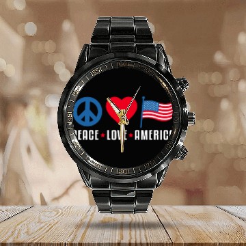 Discover Peace Love America US Flag Independence Calendar Steel Band Watch
