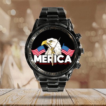 Discover Merica Bald Eagle US Flag Independence Calendar Steel Band Watch