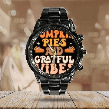 Discover Retro Pumpkin Pies Grateful Vibes Thanksgiving Calendar Steel Band Watch