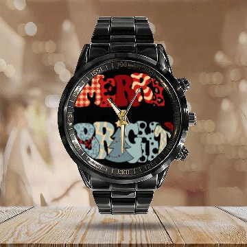 Discover Merry and Bright-Christmas-Merry Xmas-Funny Calendar Steel Band Watch