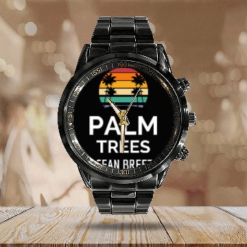Discover Palm trees ocean breeze Calendar Steel Band Watch