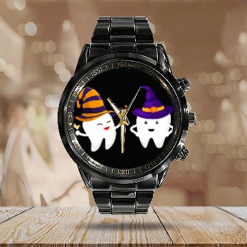 Discover Halloween Scary Dentist Funny Trick or Treat Teeth Calendar Steel Band Watch