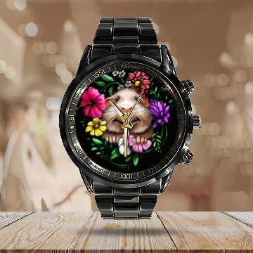 Discover Smooth Hair Guinea Pig With Colorful Flowers Calendar Steel Band Watch