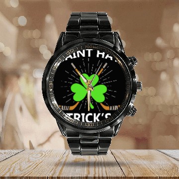 Discover Saint Hat Trick's St. Patrick's Day Hockey Clover Calendar Steel Band Watch