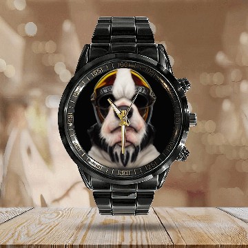 Discover Biker Saint Bernards dog portrait motorcycle Calendar Steel Band Watch