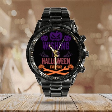 Discover Every day Halloween Horror pumpkin with spider Calendar Steel Band Watch