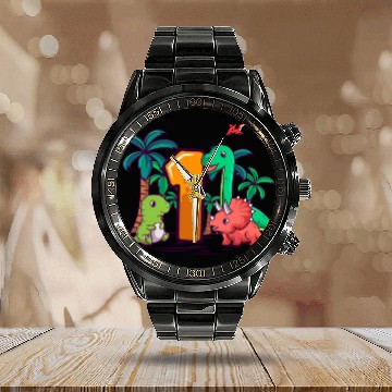 Discover 1st Birthday T-Rex Triceratops Dinosaur 1 Year Calendar Steel Band Watch