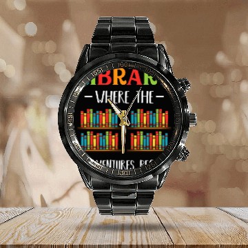 Discover Library Books Where Adventures Begin Reading Book Calendar Steel Band Watch