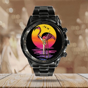 Discover Flamingo Sunset Beach Lover Gift Calendar Steel Band Watch