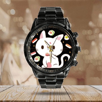 Discover Kawaii Cat Eating Sushi Japanese Raw Food Calendar Steel Band Watch